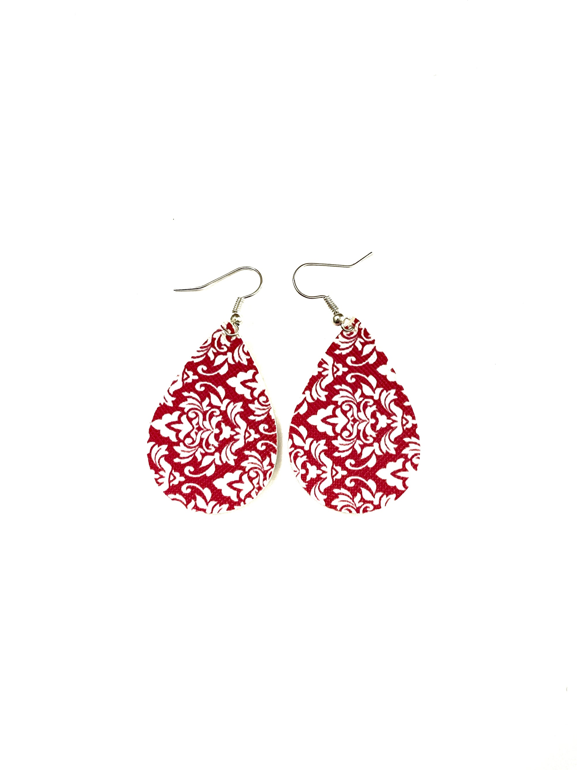 Small Red Damask Leather Earrings