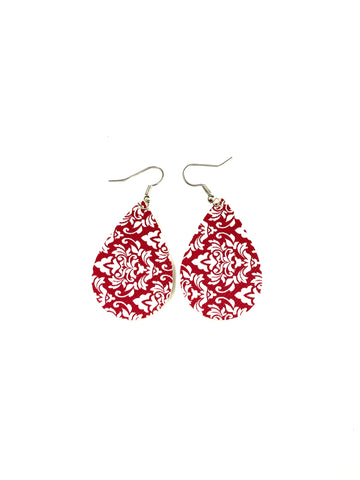 Small Red Damask Leather Earrings