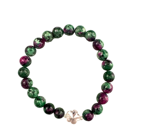 Green and Purple with Pink Flower Glass Stretchy Bracelet