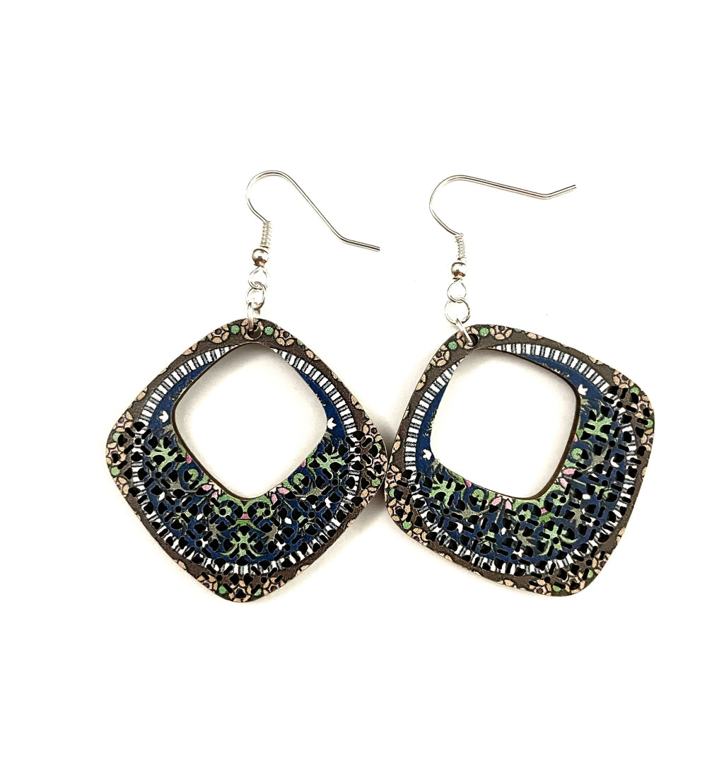 Diamond Wood  Carved Earrings