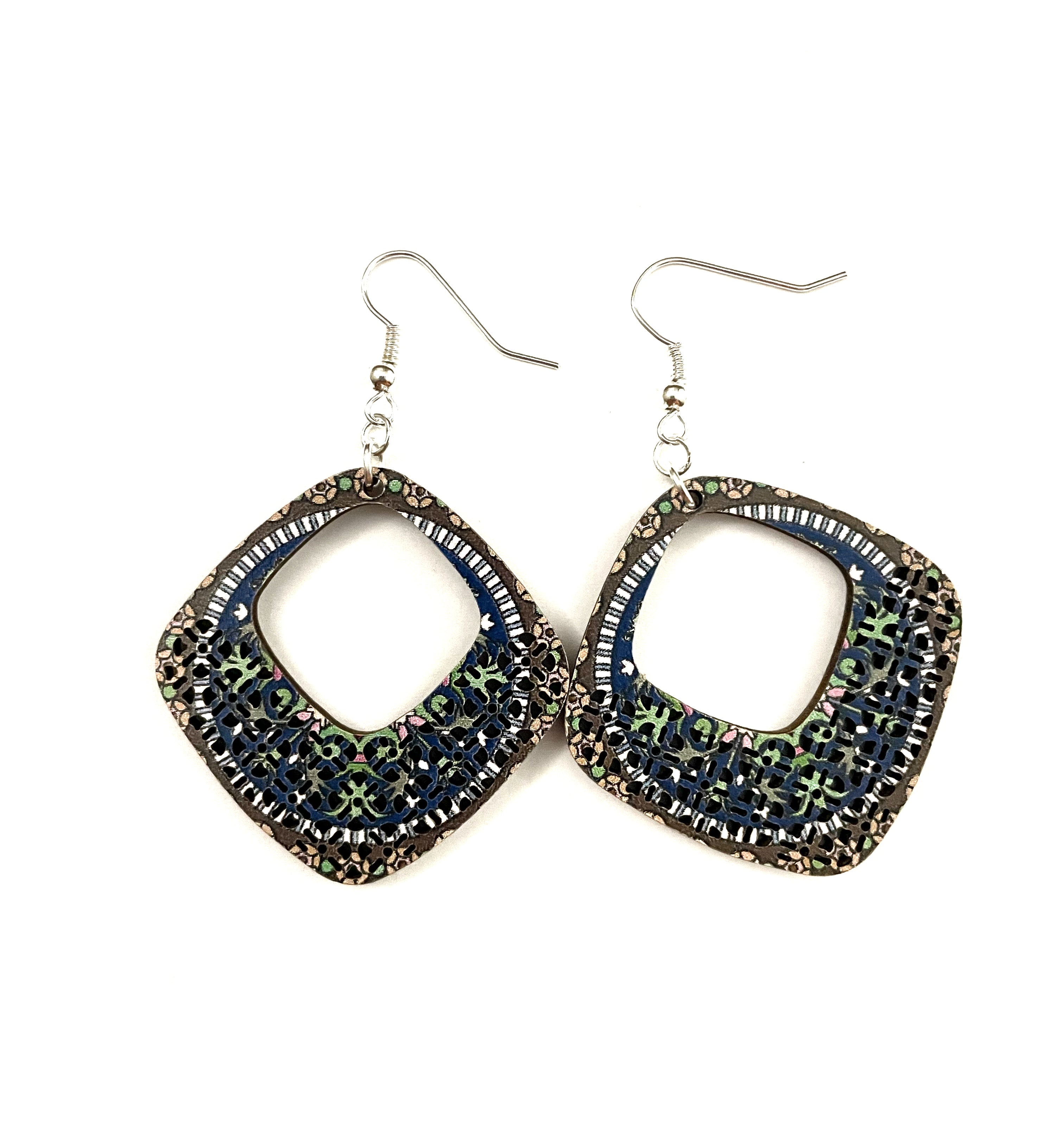 Diamond Wood  Carved Earrings